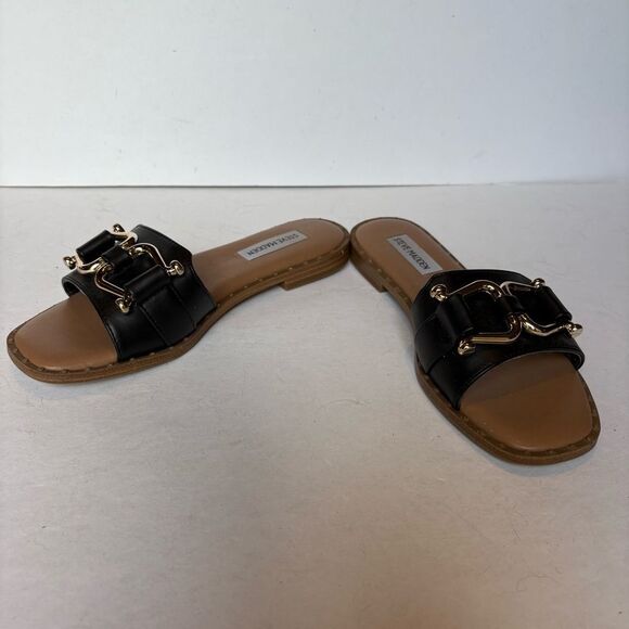 Steve Madden Women's Black Slide Sandals with Gold Buckle Size 6.5 Alita - Picture 1 of 7